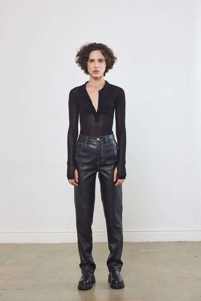 Contrast Vegan Leather Straight Pants